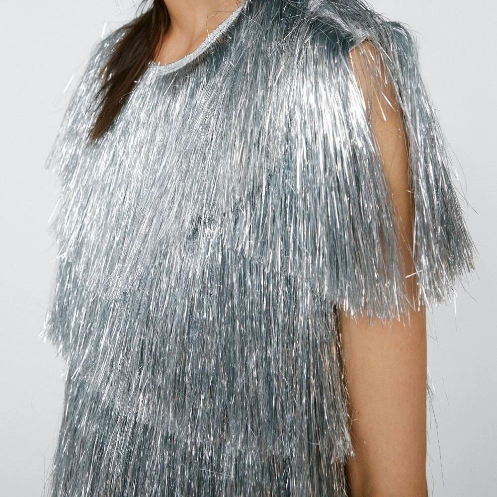 Nasty Gal Fringy Tinsel Mini Dress - Size 14 NWT - Picture 2 of 4